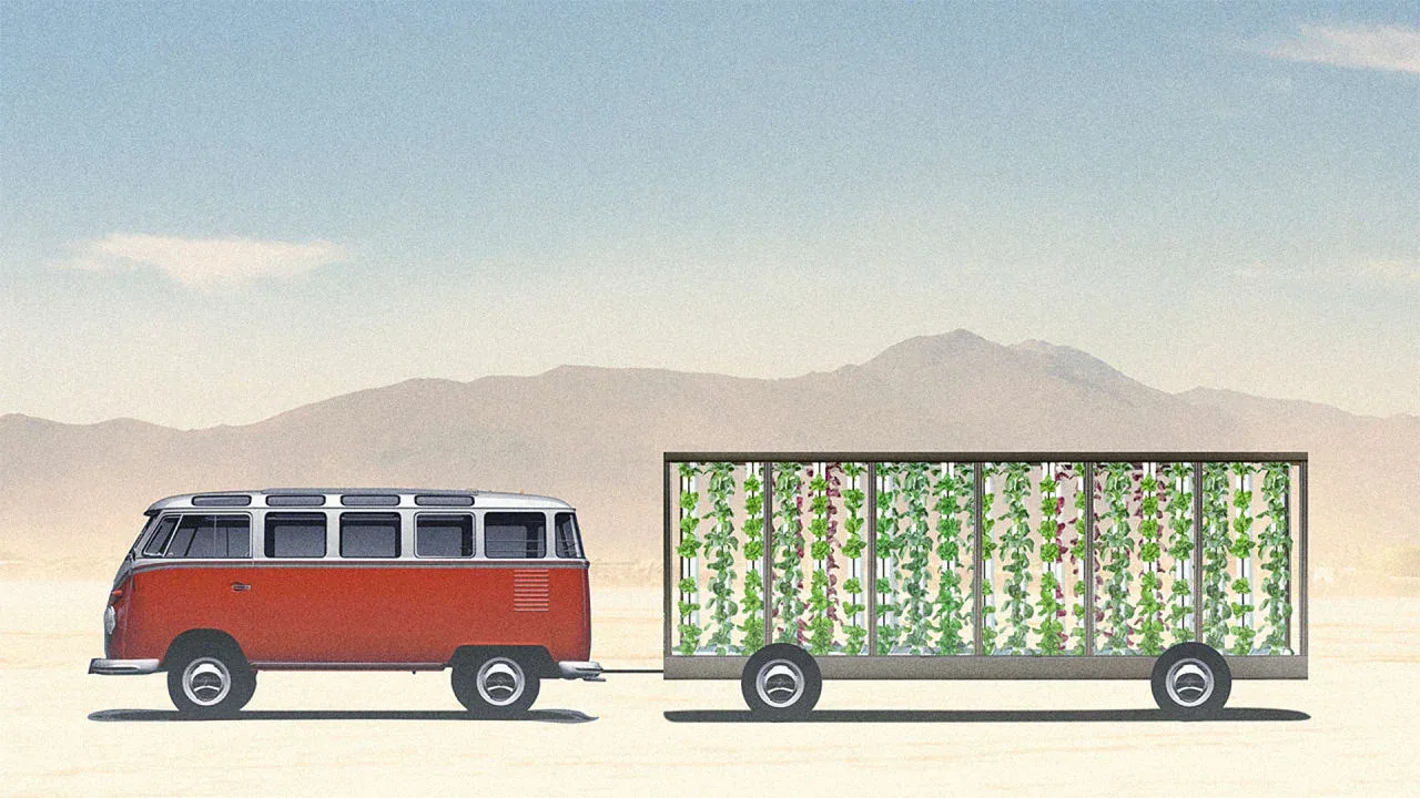 Vintage van towing a mobile vertical farm trailer across the desert
